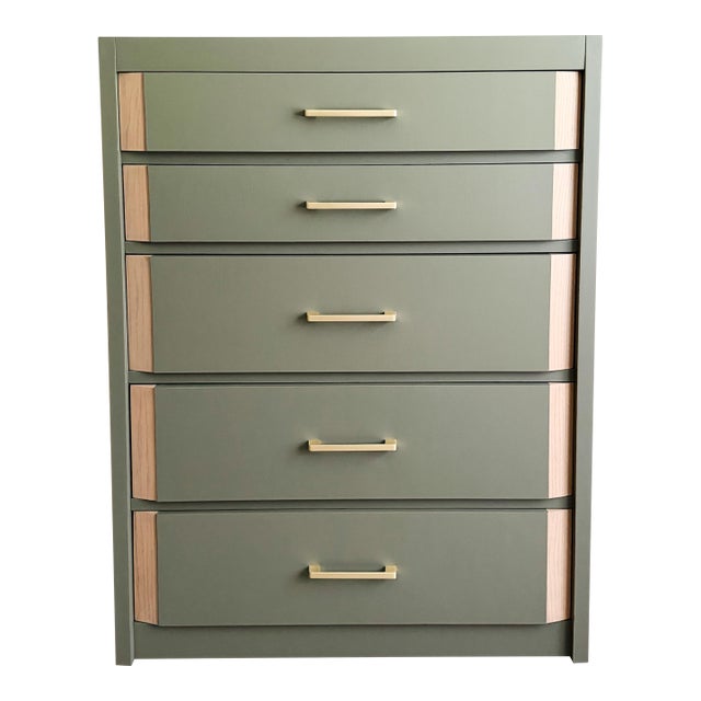 1970s Sage Green Tall Dresser | Organic Modern Chest of Drawers With Natural Wood Accents For Sale