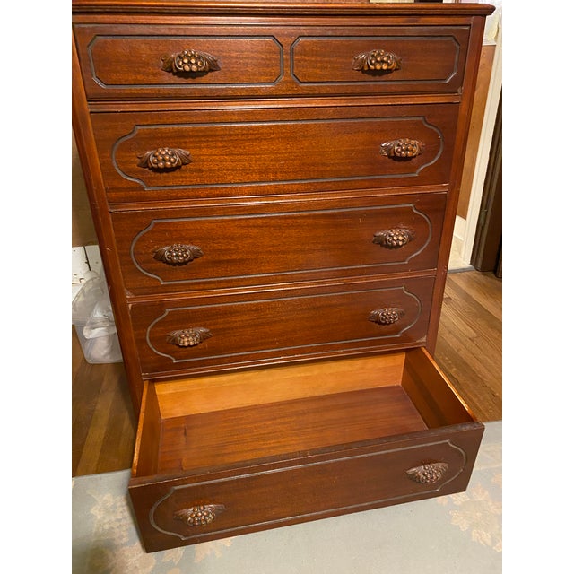 Mid 20th Century Vintage Wood Bedroom Set Grape Clusters: Full Size Double Bed Frame Matching Side Table & Chest of Drawers For Sale - Image 5 of 17