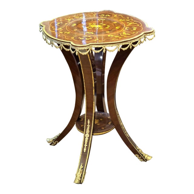 French Empire Center Table With Marquetry Inlay & Gilt Bronze Gallery For Sale
