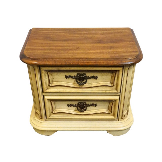 Mediterranean Stanley Furniture Solid Pecan Antiqued Yellow Cream Painted Mediterranean 27" Two Drawer Nightstand For Sale - Image 3 of 11