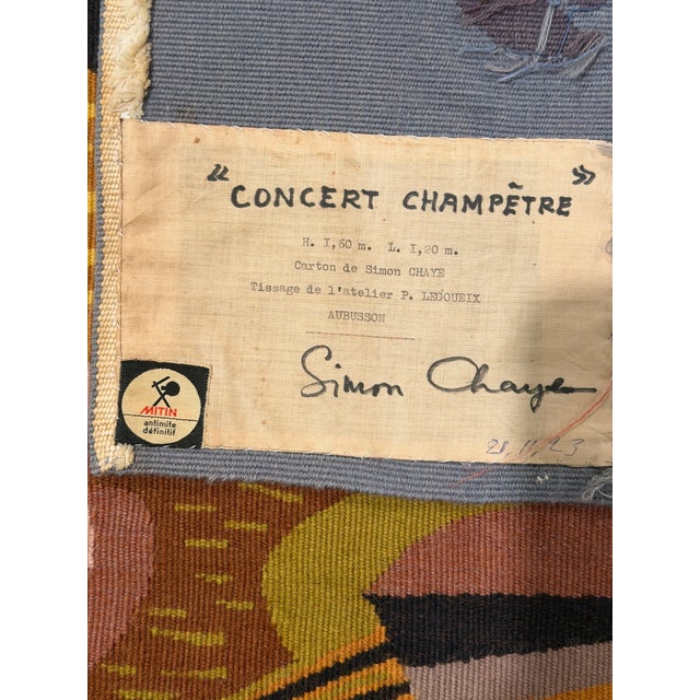 20th C. Mid-Century Modern Tapestry "Concert Champêtre" Signed by Simon Chaye 3'9" X 5'3" For Sale - Image 4 of 11