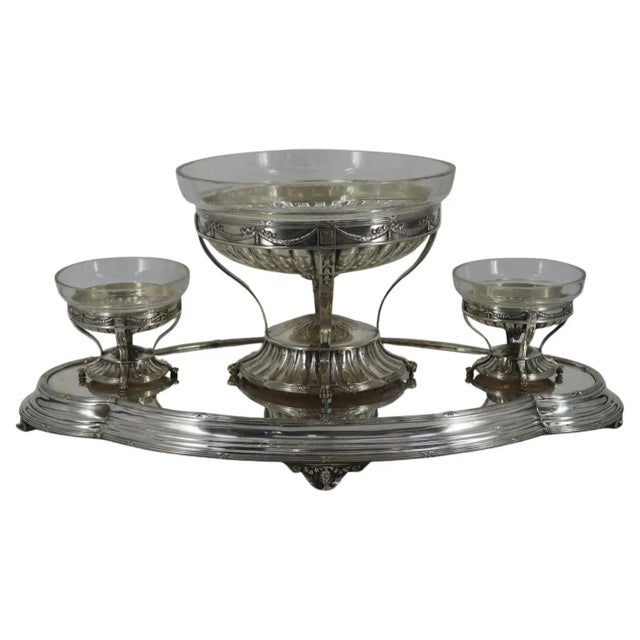 Our large silverplate tray from Elkington and Co. features three footed pedestal bowls with glass liners. Bowls have pegs...