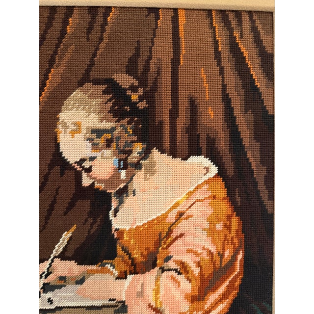 Vintage Needlepoint After Gerard Ter Borch's "Woman Writing a Letter" — Gallery Framed, Dutch Golden Age For Sale - Image 4 of 16