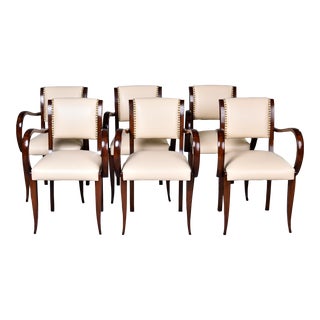 Vintage French Curved Arm Walnut Chairs With New Leather Upholstery - Set of 6 For Sale