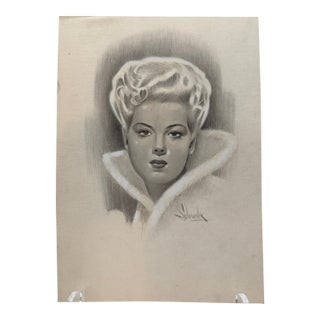 1940s Original Signed Graphite Illustration of Glamorous Woman in Fur Collar, 6.75" X 9.5". For Sale