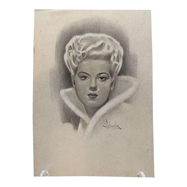 1940s Original Signed Graphite Illustration of Glamorous Woman in Fur Collar, 6.75" X 9.5". For Sale