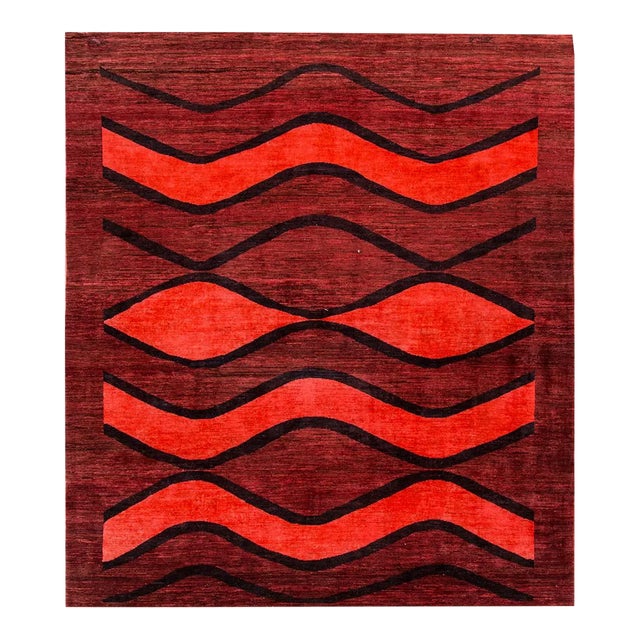 Contemporary Indian Overdyed Handmade Ruby Red Geometric Wool Rug For Sale
