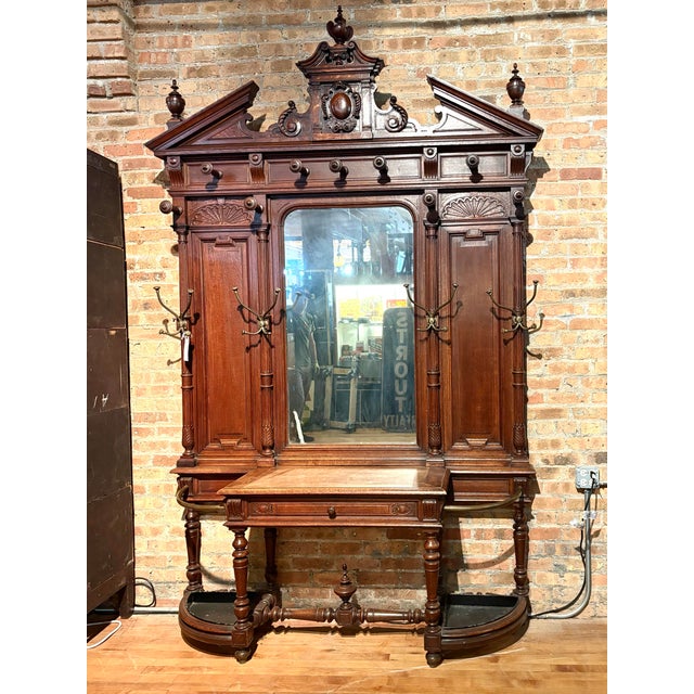 Victorian Grand Antique Carved Wood Hall Tree For Sale - Image 3 of 11