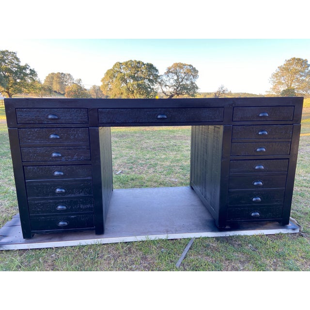 Ebony Rh Restoration Hardware Printmakers Executive Desk With Distressed Wood For Sale - Image 8 of 12