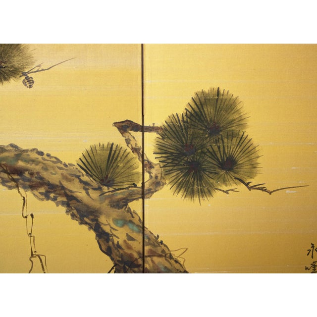 "Old Pine Tree", Pre-1964 Showa Era Japanese Painted Silk Byobu Screen For Sale - Image 10 of 17