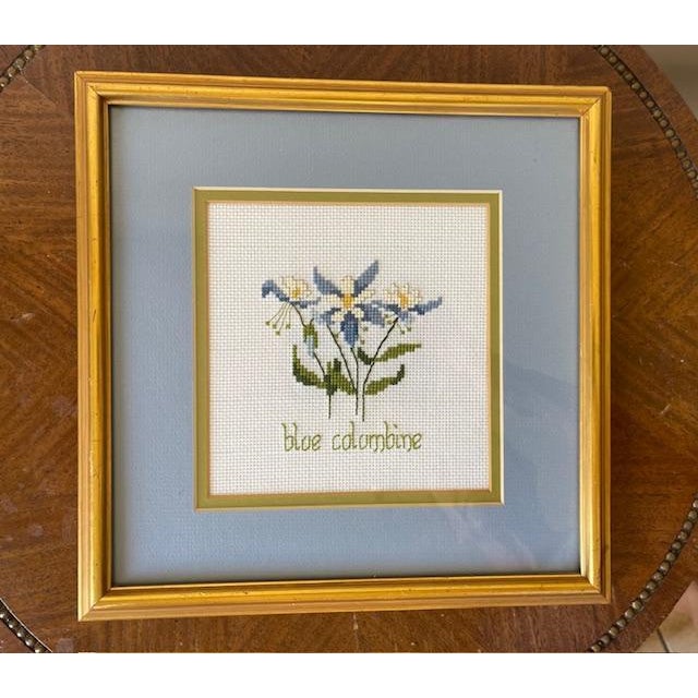 Petite "Blue Columbine" Needlework, Vintage For Sale - Image 9 of 9
