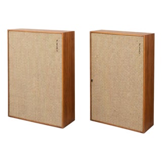 Large Vintage Teak Floor Standing Speakers with Cane Grilles, 1960s, Set of 2 For Sale