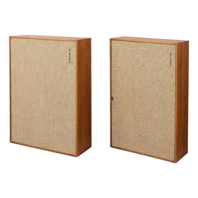 Large Vintage Teak Floor Standing Speakers with Cane Grilles, 1960s, Set of 2 For Sale
