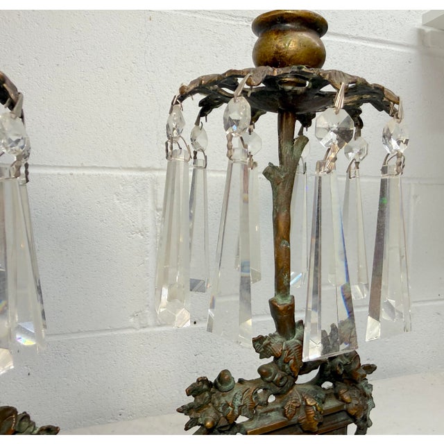 Pair of Antique Ornate Figural Brass Marble Crystal Girandole Candle Holders For Sale - Image 10 of 13