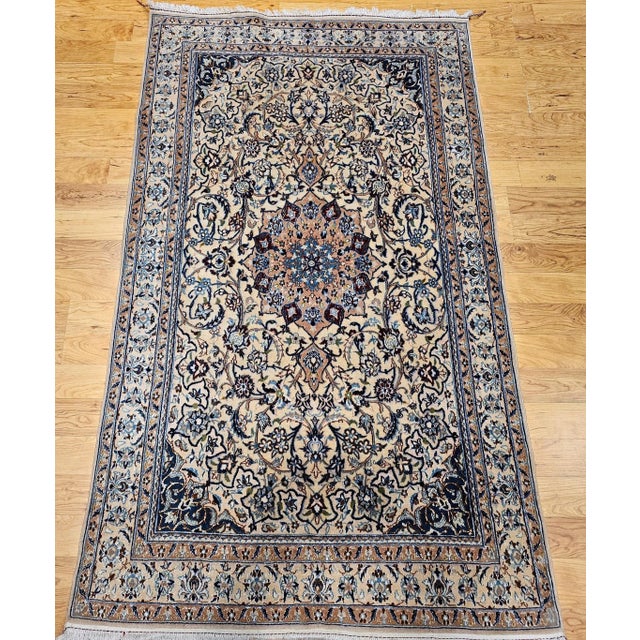 Late 20th Century Vintage Persian Nain Area Rug, Handwoven Floral Pattern With Silk Highlights, Ivory & Blue, 4’ X 7’ For Sale - Image 5 of 12