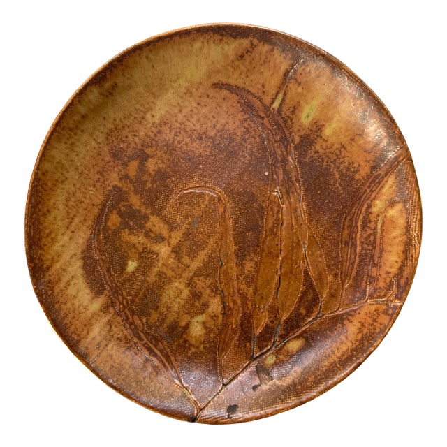 Studio Pottery Plate With Eucalpytus Leaf Embossing For Sale