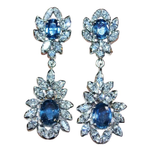 Certified Natural 8.4CTS VS F Diamond Ceylon Sapphire 18K Solid Gold Chandelier Earrings, A Pair For Sale