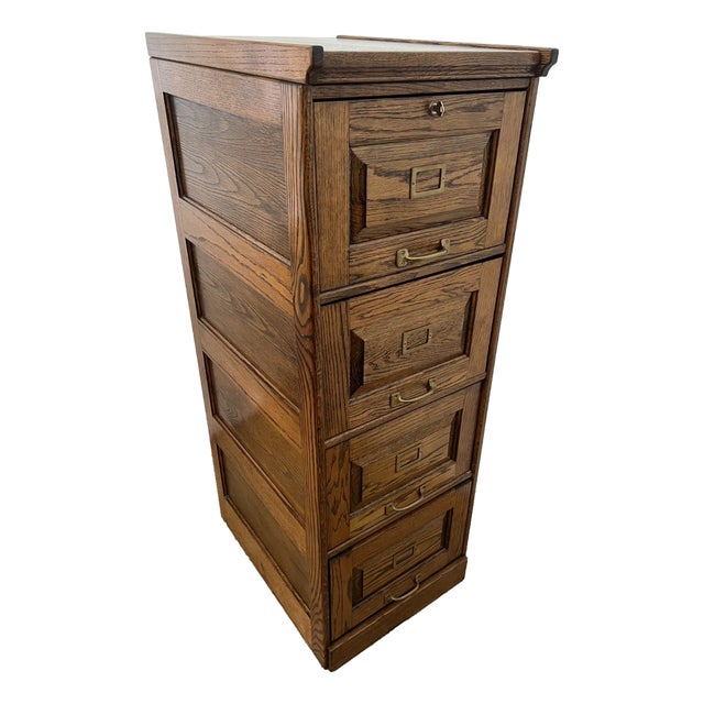 Vintage Tiger Oak File Cabinet Four Drawers One Locks Paneled Sides Legal SIze For Sale