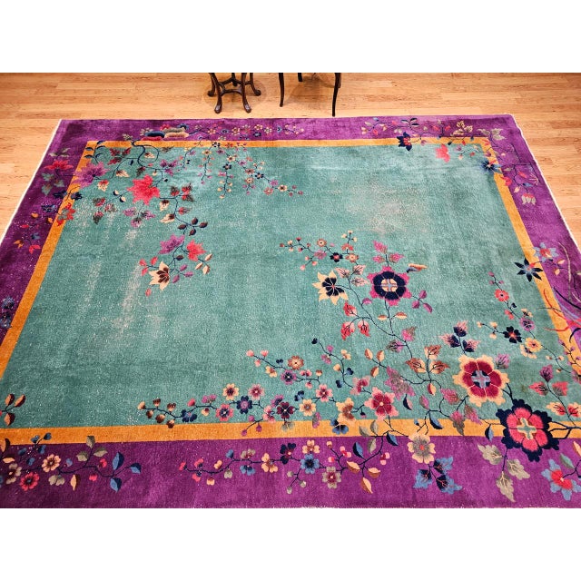 Green Vintage Art Deco Chinese Rug, Hand-Knotted Wool, Floral Motif, Turquoise & Purple, 9x12 For Sale - Image 8 of 18