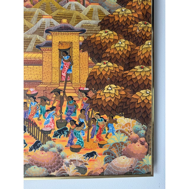 Yellow Vintage Bali Folk Art “Niwg Jagri Peneslanan Klod Ubud Bali” Oil on Canvas Painting – Framed For Sale - Image 8 of 13