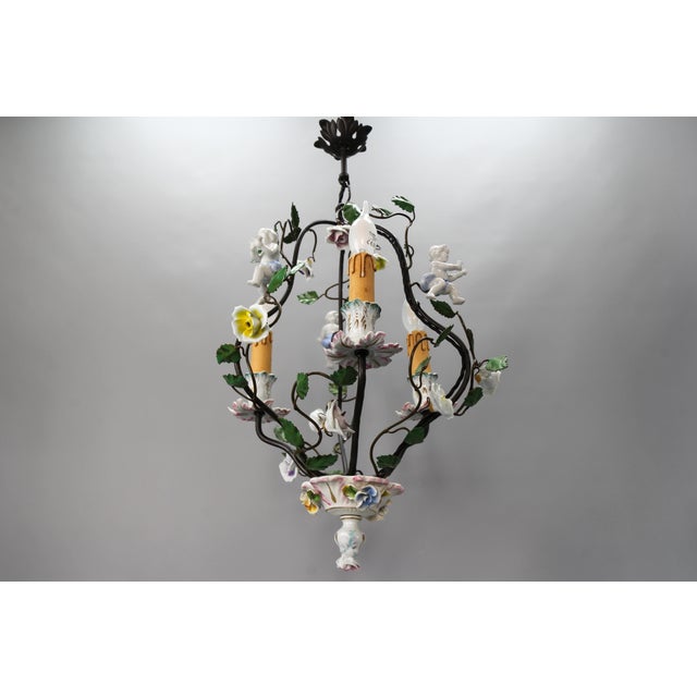 Rococo Style Porcelain and Metal 3-Light Chandelier with Cherub, 1970s For Sale - Image 6 of 18