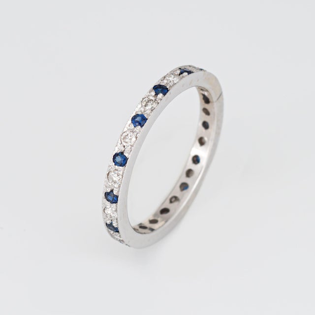 Modern Diamond Sapphire Eternity Ring Size 4.75 Vintage 14k White Gold Band Fine Jewelry For Sale - Image 3 of 5