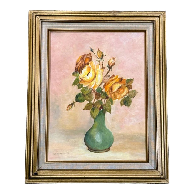 Mid Century Rose Vase Still Life Framed Oil Painting For Sale