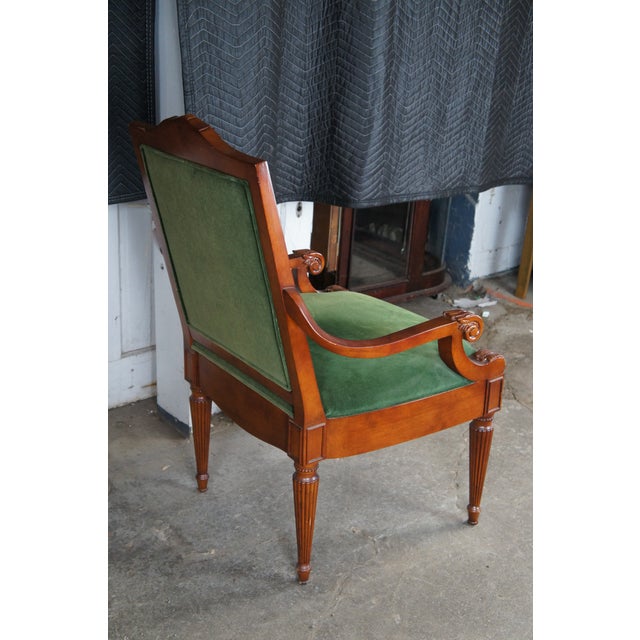 Vintage French Empire Style Birch Upholstered Library Accent Arm Chair Green For Sale - Image 6 of 13