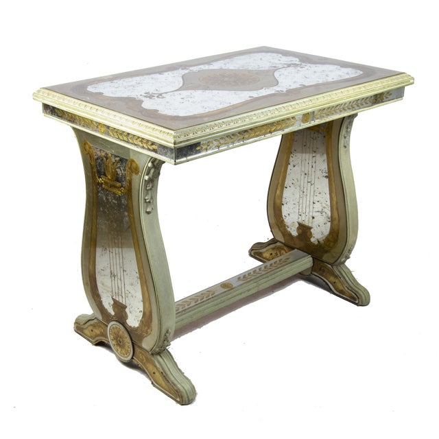 Early 20th century Neoclassical lyre side table with acid-etched glass top and accents by Maison Jansen, France By: Maison...