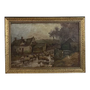 Signed Farm Oil Painting
