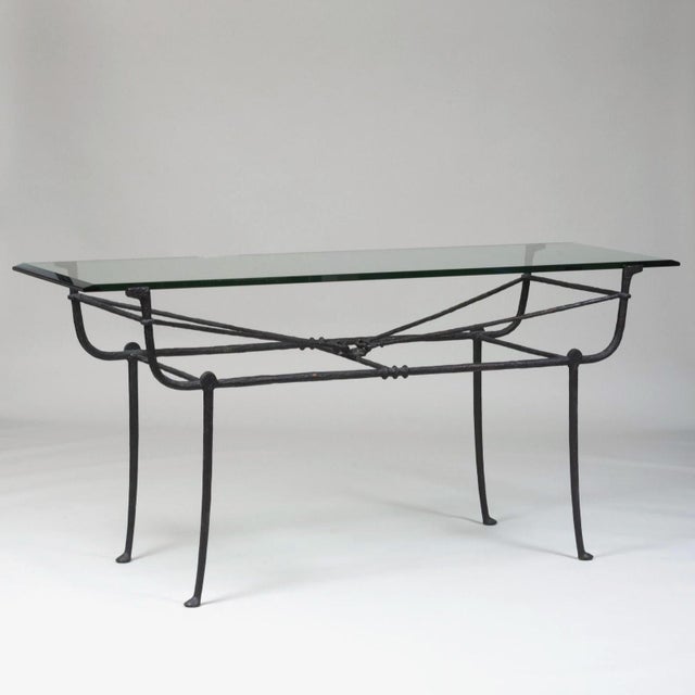 Beautiful Diego Giacometti-style cast bronze console table. Exquisite stretcher details and richly patinated surface...