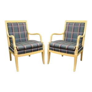 Late 20th Century Italian Regency Carved Dolphin Fireside Lounge Arm Chairs - a Pair