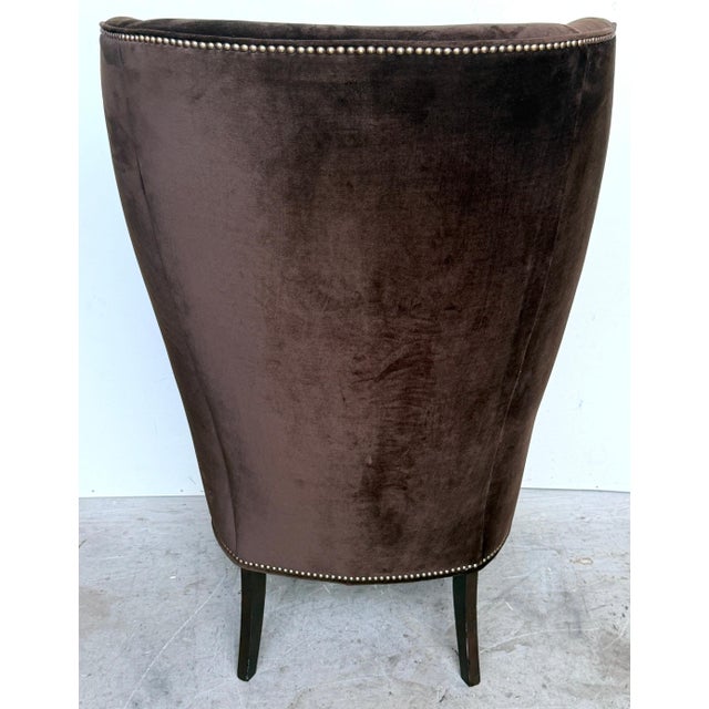 Textile Pair Custom Mogul Los Angeles Espresso-Brown Velvet High-Back Wing Chairs For Sale - Image 7 of 16
