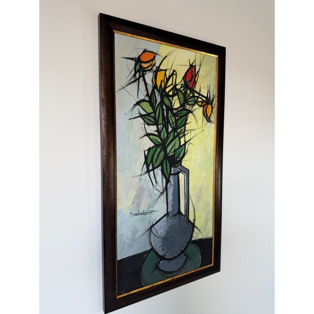 A striking original oil on canvas painting by Sebelancon titled “Boutons De Roses”, featuring an expressive floral still...