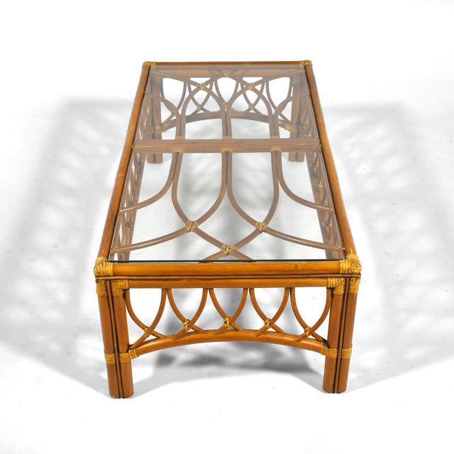 1970s McGuire Rattan Coffee Table with Glass Top For Sale - Image 5 of 9