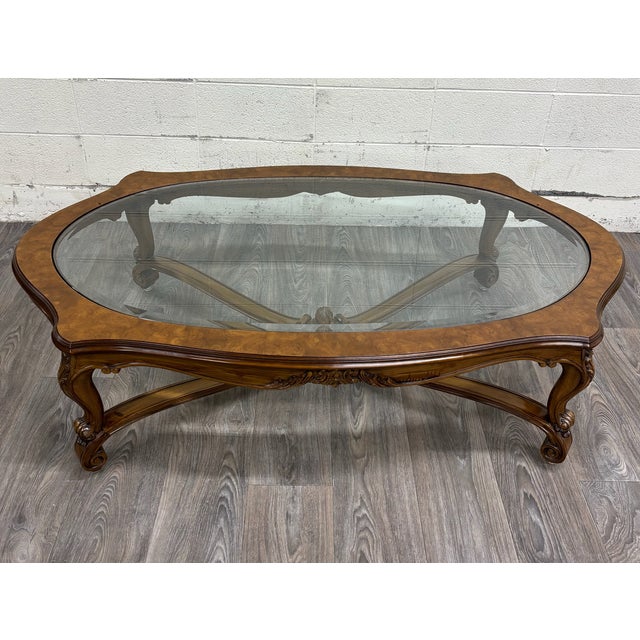 French Vintage Karges Louis XV Style Hand Carved Walnut Glass Top Coffee Table For Sale - Image 3 of 14