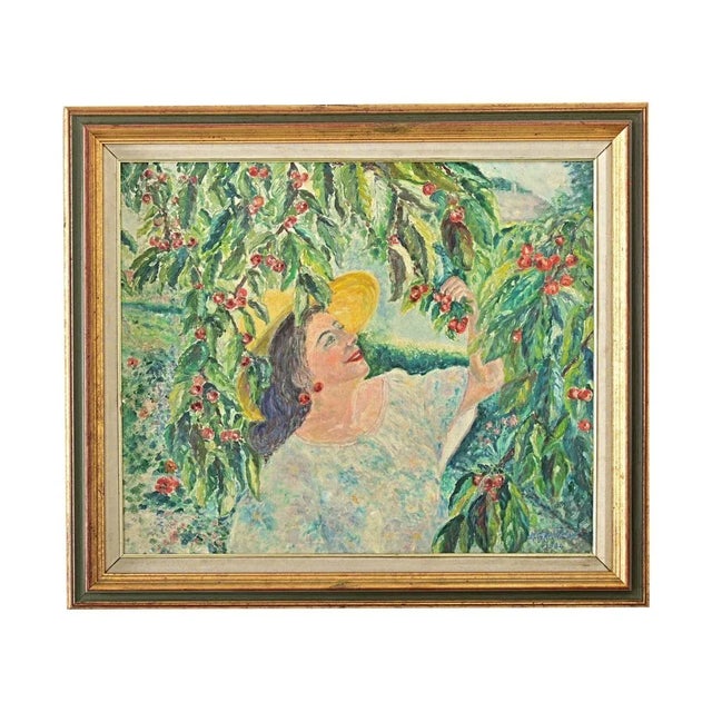 Green French Vintage 1980s Framed Oil Painting of Cherry Picking For Sale - Image 8 of 8