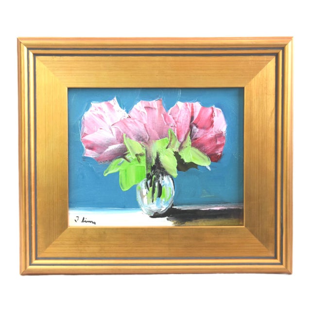 2020s Pink Bouquet of Flowers Oil Painting Including the Antiqued Gold Wood Frame For Sale - Image 5 of 5