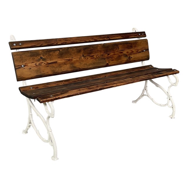 Italian Art Deco Wooden and White Cast Iron Bench, 1930s For Sale