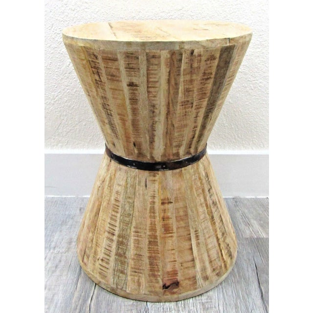 Vintage Rustic Indoor Outdoor Teak Stave Hourglass Side Table Interesting teak table design with a steel band in the...