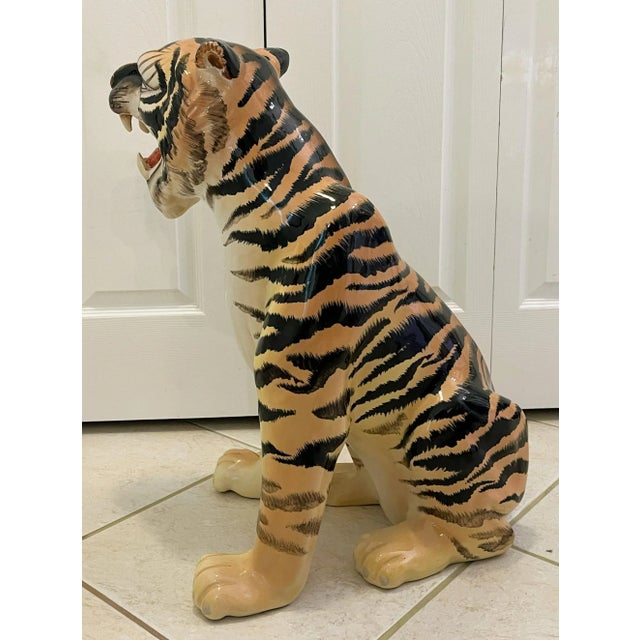 Modern Vintage 1970's Large Scale Hand Painted Ceramic Tiger Figure For Sale - Image 3 of 12