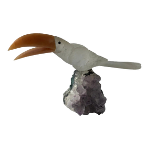 Late 20th Century Quartz Stone Toucan Parrot Perched on Amethyst Geode
