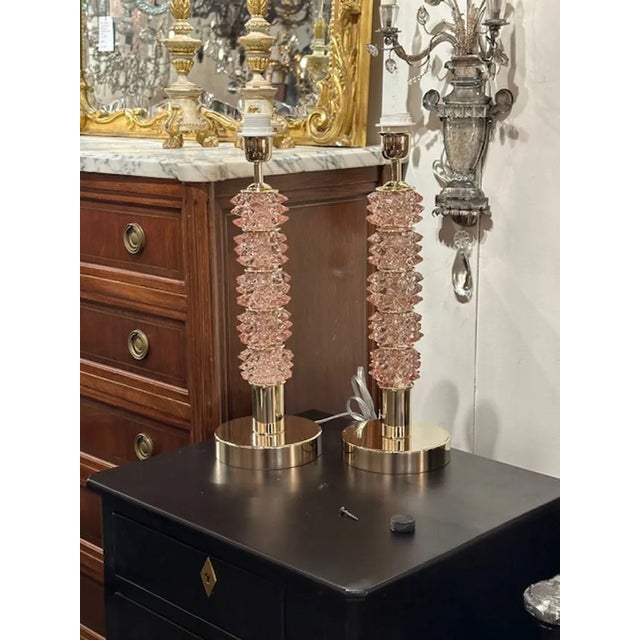 Pair of pink "rostrada" glass and brass lamps. A favorite of top designers!
