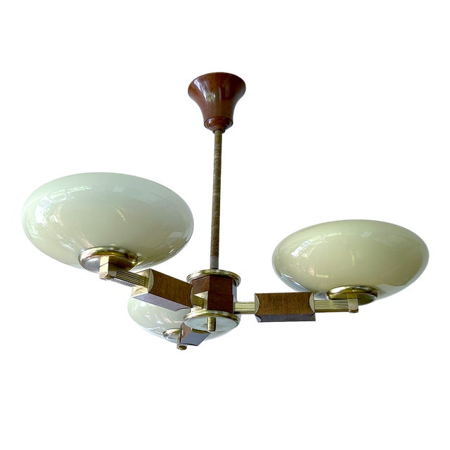 Art Deco Wood and Glass Pendant Light, 1930s For Sale