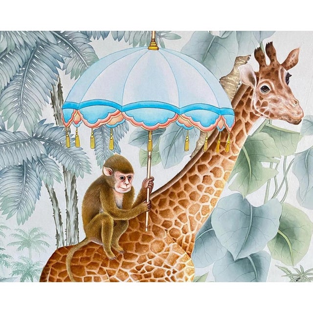 Hand‑Painted Whimsical Tropical Safari Chinoiserie Wall Mural For Sale - Image 4 of 7