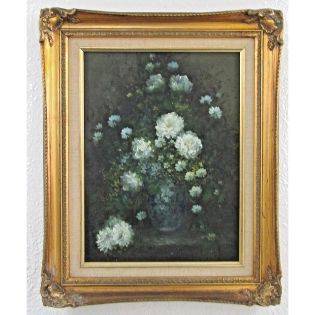 The 1902 Oil Painting Chrysanthemum Daisy in Glass Vase Carved Gold Frame by H. Ovide is a unique and handcrafted piece of...
