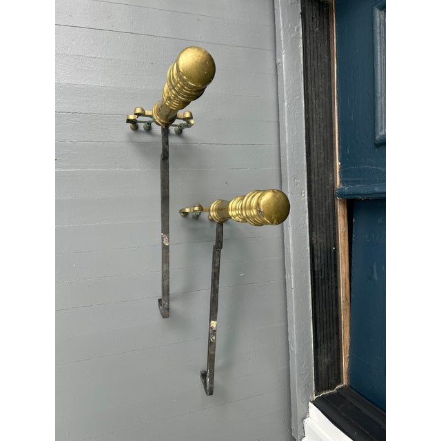 Antique Brass Fireplace Andirons With Iron Log Supports | English Style Turned Finials | 19” Tall For Sale In New York - Image 6 of 8