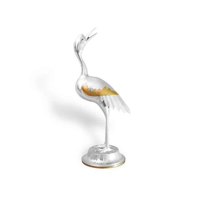Art Deco Silver-Toned Crane Bird Sculpture with Brass Accents, 1960s For Sale - Image 11 of 11