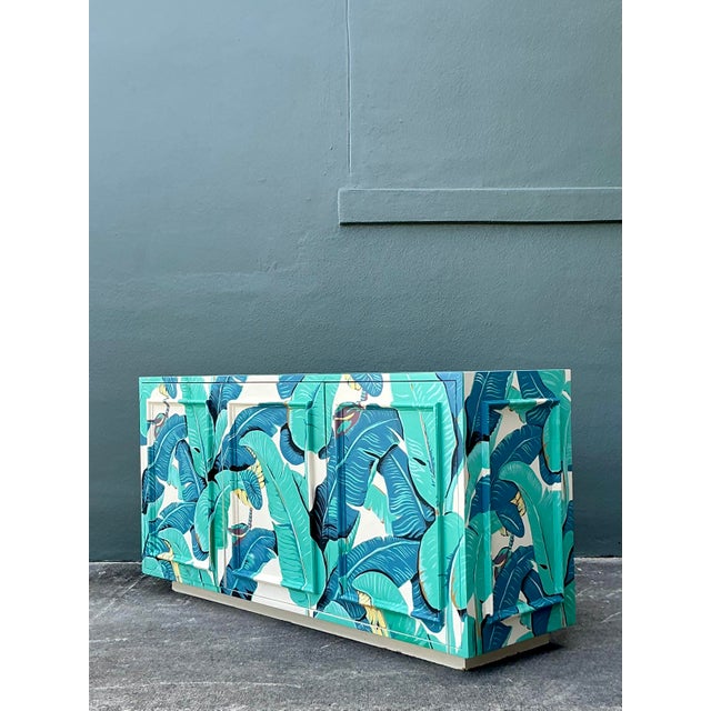 Vintage Boho Hand Painted Palm Frond Credenza For Sale In West Palm - Image 6 of 7