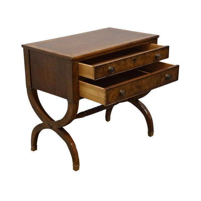 Ethan Allen Ethan Allen Newport Collection Burled Walnut 32" Two Drawer Chest W. X-Frame Base 30-5206 - 430 Henley Finish For Sale - Image 4 of 12